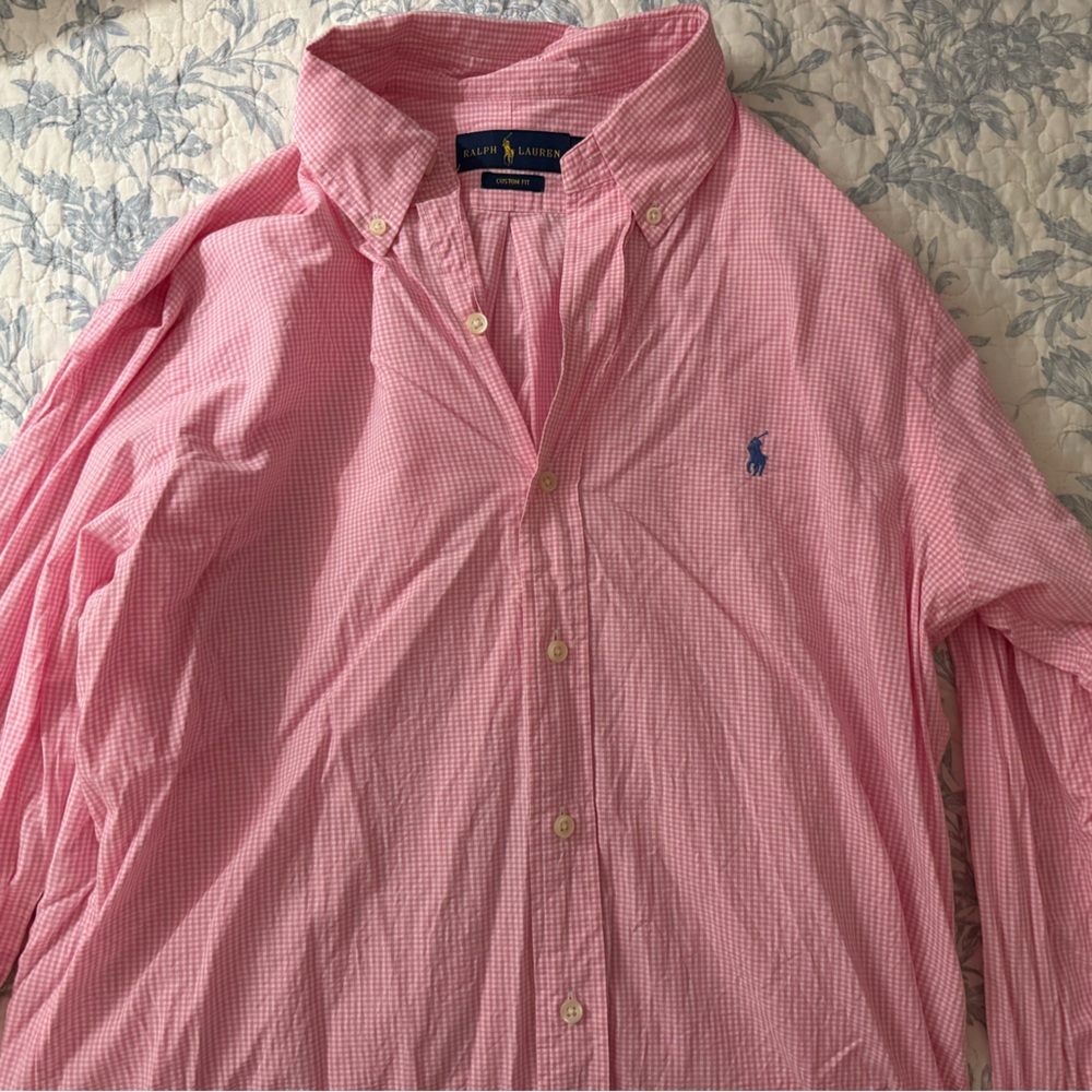 Ralph Lauren Men’s Shirt. Logo-Embroidered Gingham Cotton Oxford Shirt. Medium